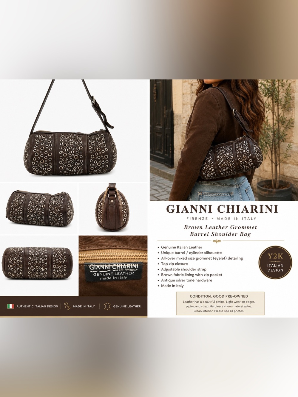 Vintage Gianni Chiarini Genuine Leather Grommet Barrel Bag — Made in Italy Y2K
